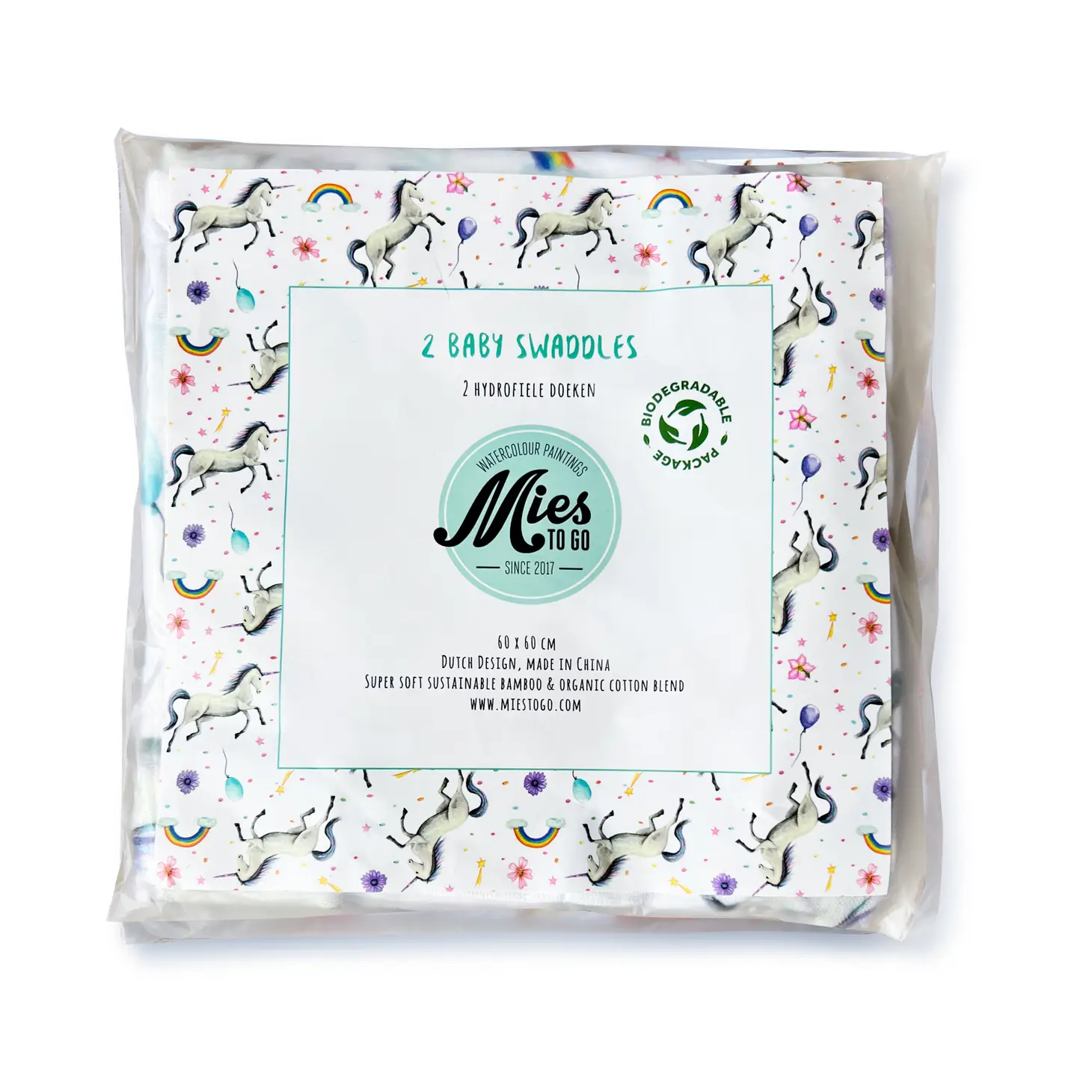 Mies to go Muslin Swaddle Tuch - Einhorn - 2er-Pack 60x60