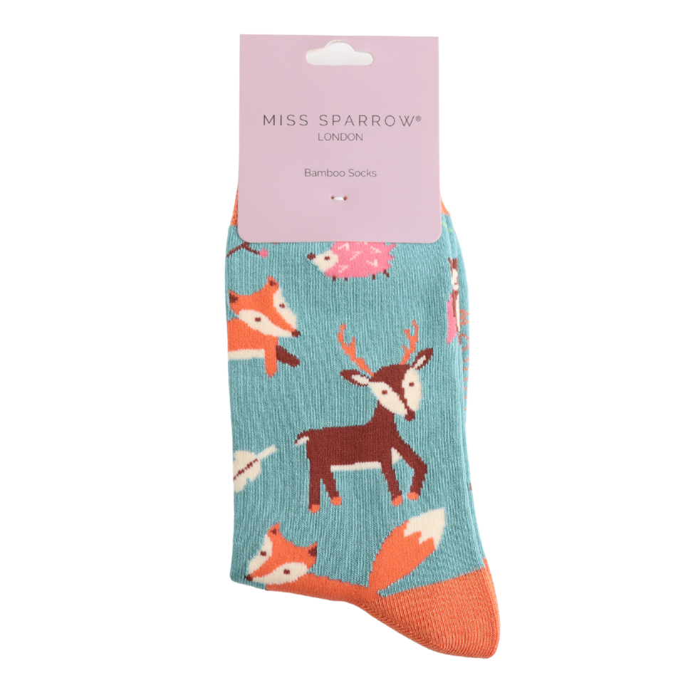 Miss Sparrow Socken Bamboo in Duckegg Blue - Woodland Animals - Hellblau Waldtiere