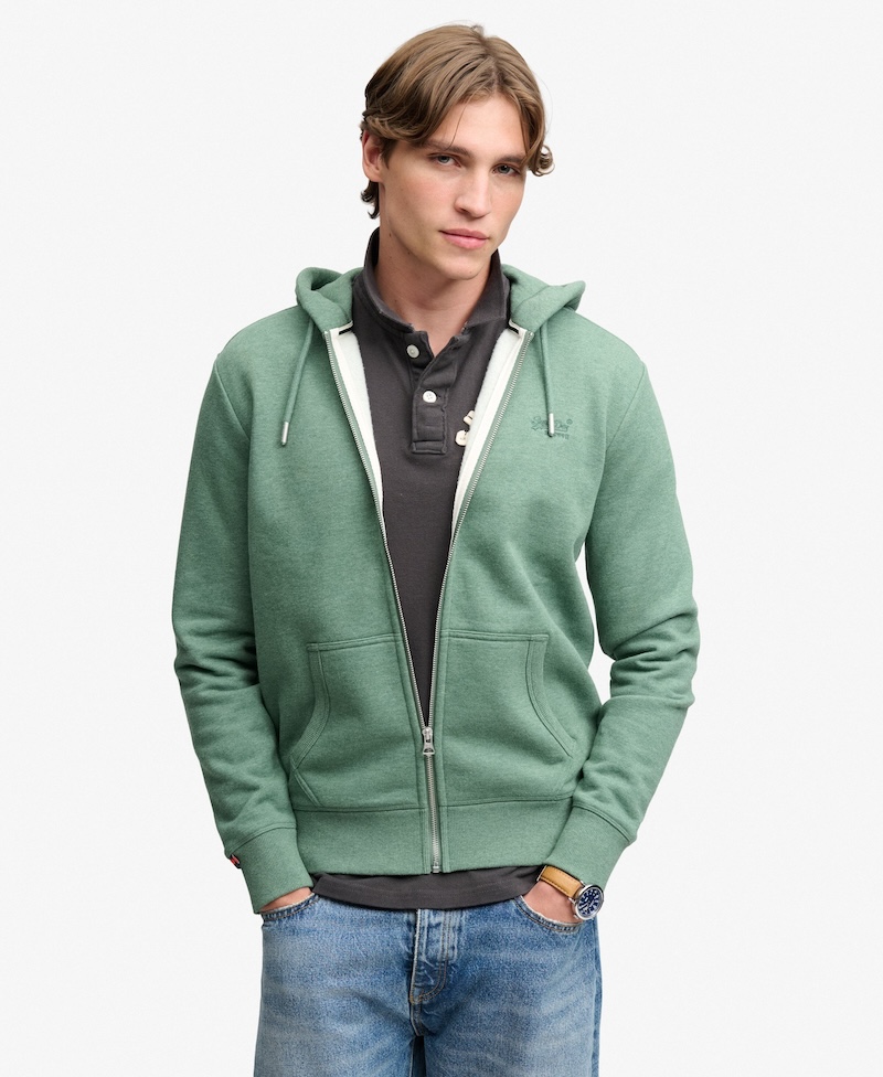 Superdry Herren Essential Hoodie Kapuzenjacke in Grün mit gesticktem Logo - Bay Green Marl 