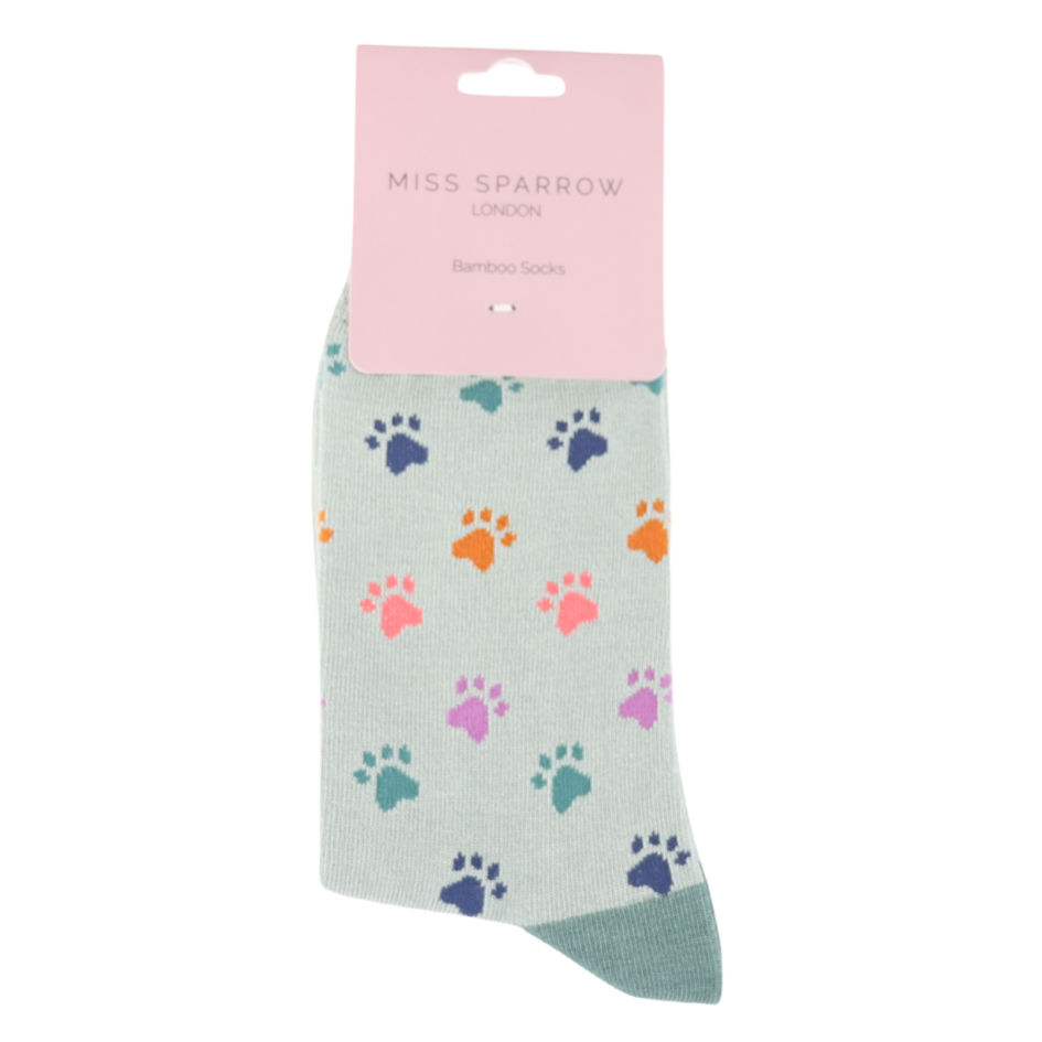 Miss Sparrow Bambus Socken in Grün - Paw Prints - Pfotenabdrucke Miss Sparrow Bambus Socken in Grün - Paw Prints - Pfotenabdrucke