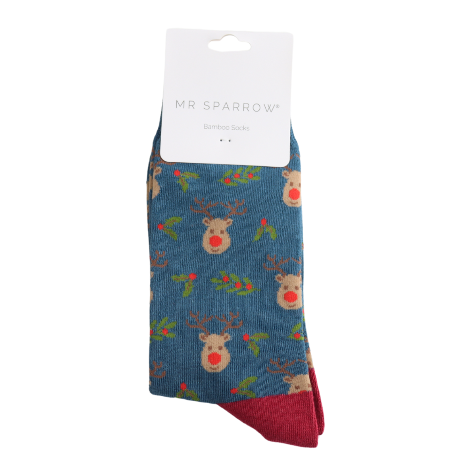 Mr. Heron Bambus Herren Socken in Blau - Reindeer & Holly - Stechpalme & Rentier