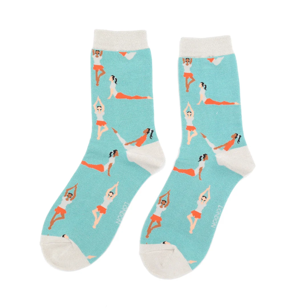 Miss Sparrow Bambus Socken in Türkis & Orange - Yoga Poses
