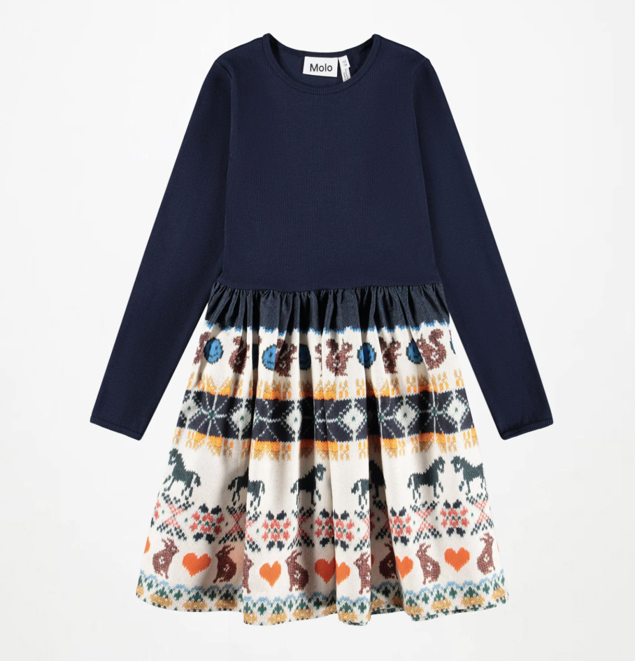 Molo Casie Warm Kleid - Dunkelblau mit bedrucktem Rock Molo Casie Warm Kleid - Dunkelblau mit bedrucktem Rock