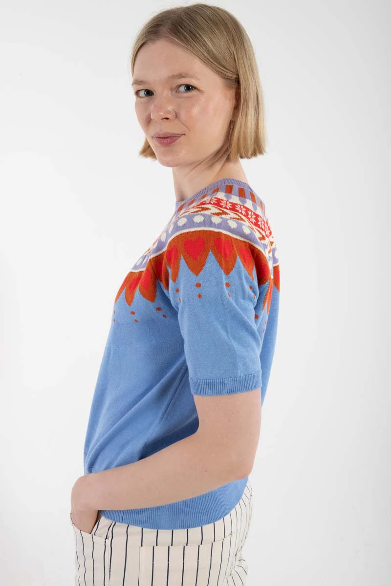 Danefae Danehope Kurzarm Baumwolle Strickpulli - Wasserblau Norweger - SALE Danefae Danehope Kurzarm Baumwolle Strickpulli - Wasserblau Norweger - SALE