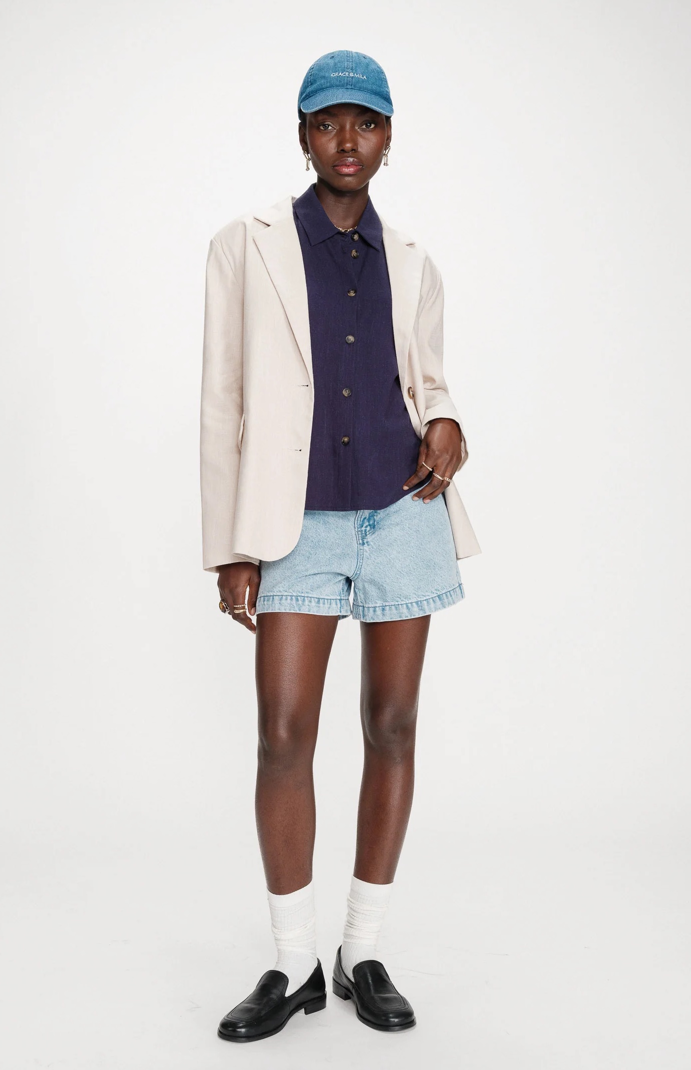 Grace & Mila PEREZ Leinen Viskose Kurzarm Bluse in Marineblau