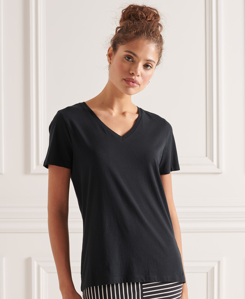 Superdry Damen Essential Bio-Baumwolle V-Ausschnitt T-Shirt in Schwarz