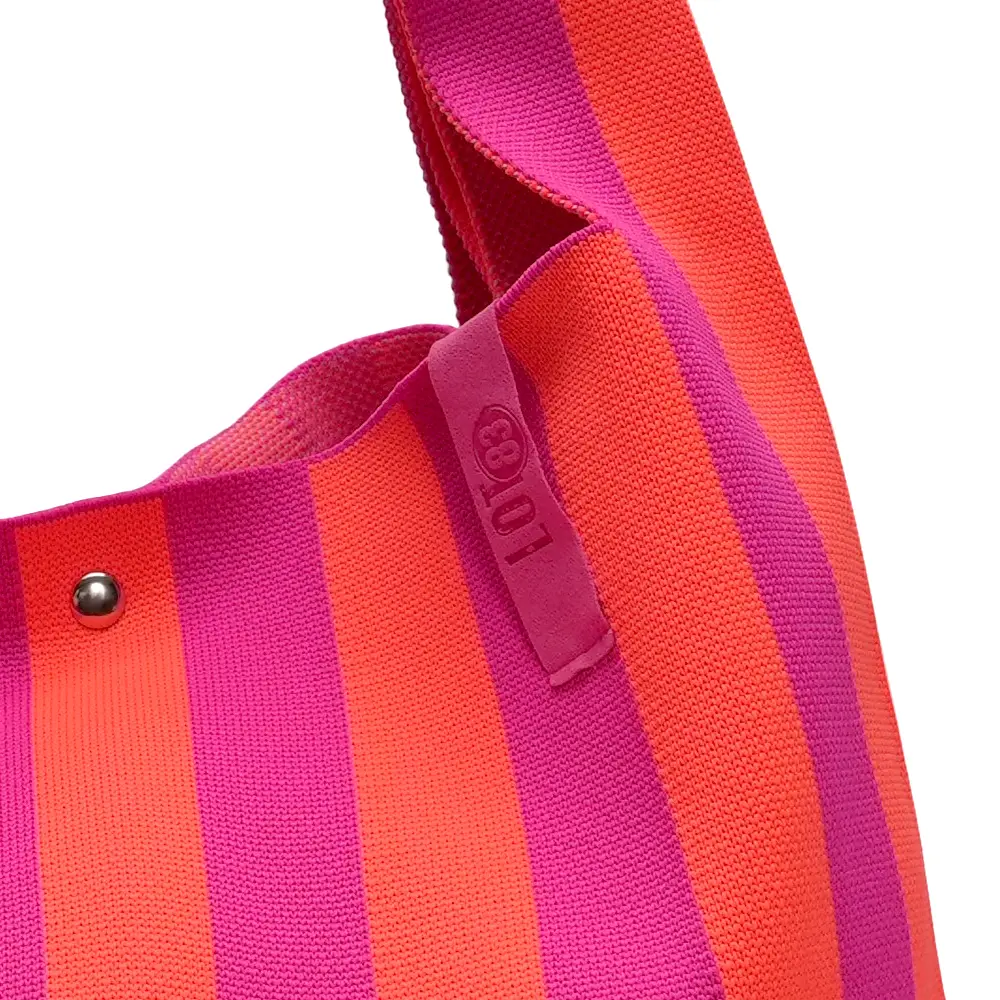 LOT83 LOIS Material Mix Gestrickte Shopper Tasche Pink & Orange Gestreift mit Flock Herz