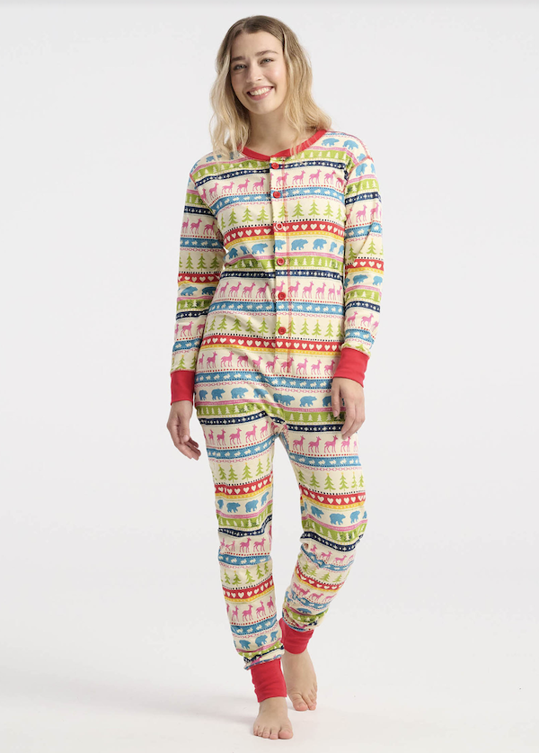 Little Blue House Damen Union Suit - Cream Fair Isle - Norweger Onesie Bear Bum Pink