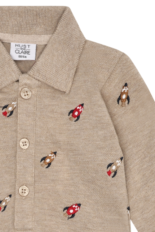Hust & Claire Langarm Polo Body mit Kragen Beige Braun Pique mit Stickerei - Rakete - SALE Hust & Claire Langarm Polo Body mit Kragen Beige Braun Pique mit Stickerei - Rakete - SALE