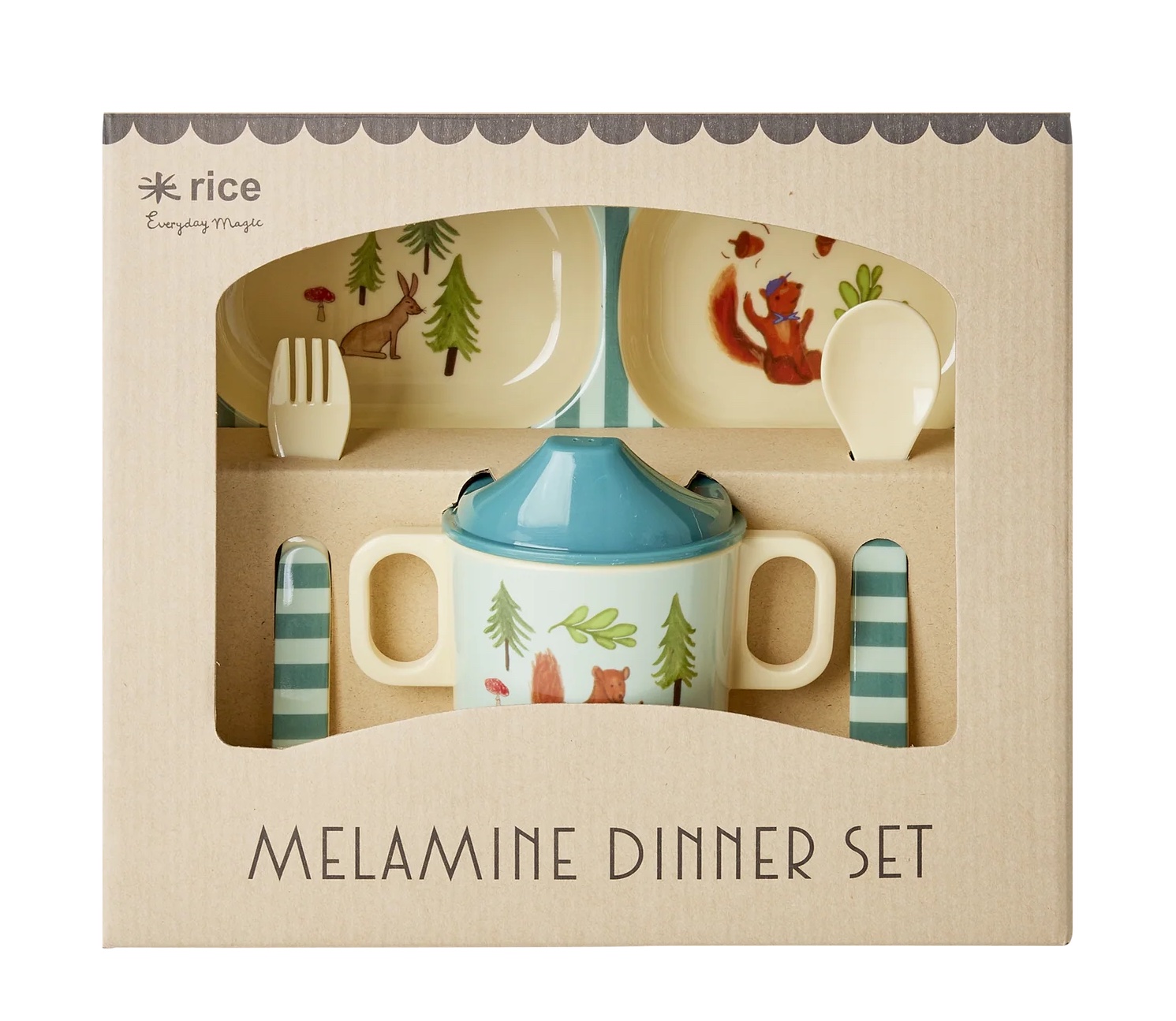 RICE Baby-Geschirrset - Blau - Happy Forest Print - Geschenkbox