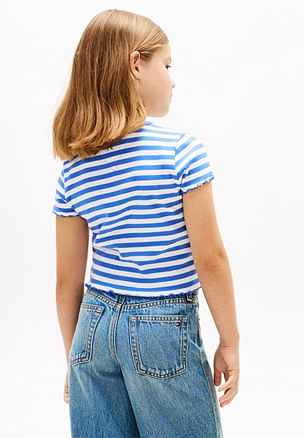Tommy Hilfiger Blau gestreiftes Mädchen T-Shirt in Weiß mit Rüschen Tommy Hilfiger Blau gestreiftes Mädchen T-Shirt in Weiß mit Rüschen