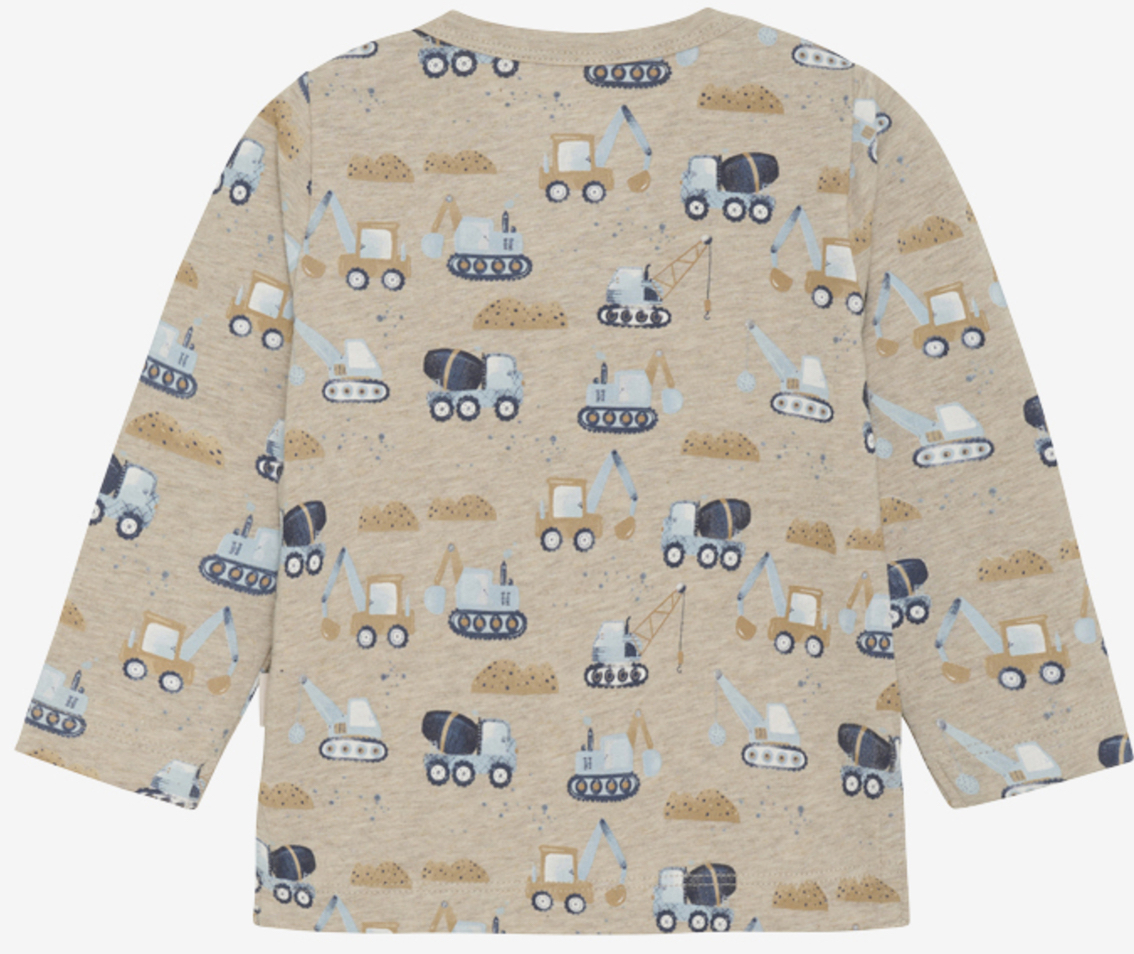 Minymo Baby Langarm Shirt in beige meliert mit Baufahrzeugen