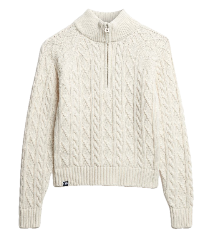 Superdry Damen Strickpullover Slim Cable Half Zip - Ecru Weiß Superdry Damen Strickpullover Slim Cable Half Zip - Ecru Weiß