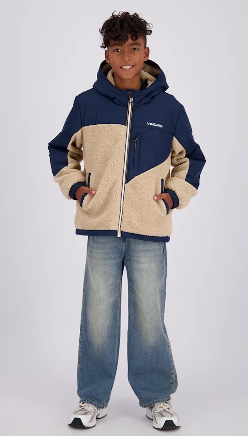Vingino Tayaw Jungs Teddy Winterjacke Materialmix in Dunkelblau & Beige
