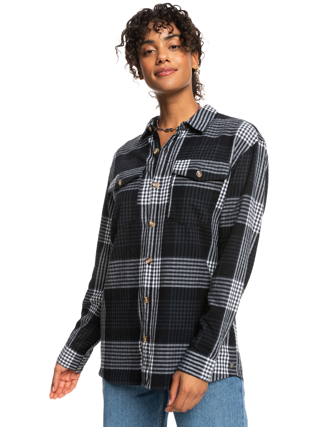 erjwt03592_roxy-w_kvj4_frt1 Roxy Let It Go Flannel - Langärmliges Karo Hemd für Frauen- Schwarz