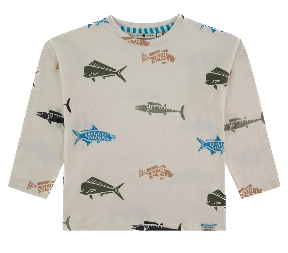 Babyface Stains & Stories Jungs langarm Oberteil in off white - Fisch - SALE