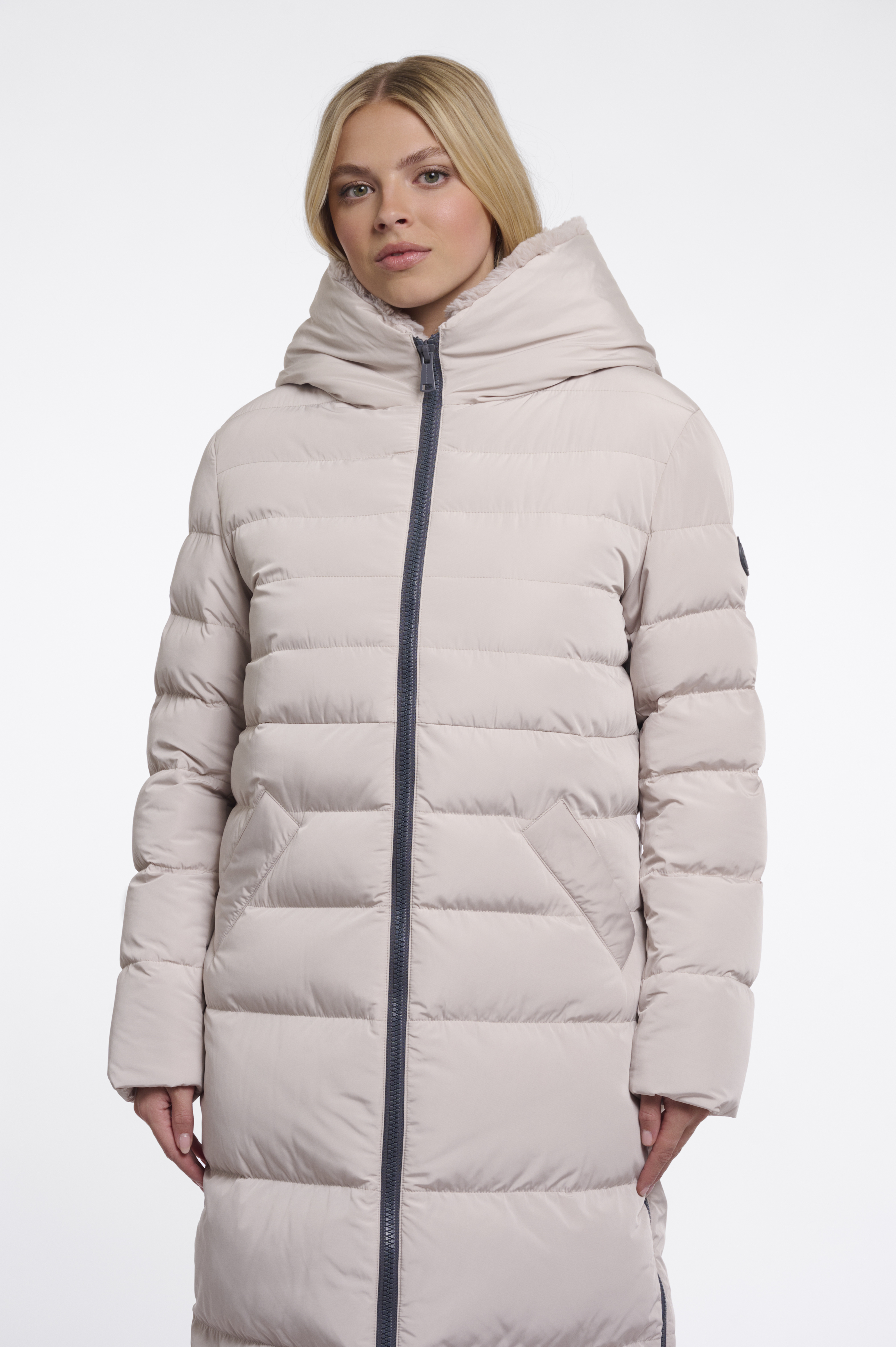 Rino & Pelle Keilafur Winter Puffer Mantel in Stone mit Faux Fell und Kapuze