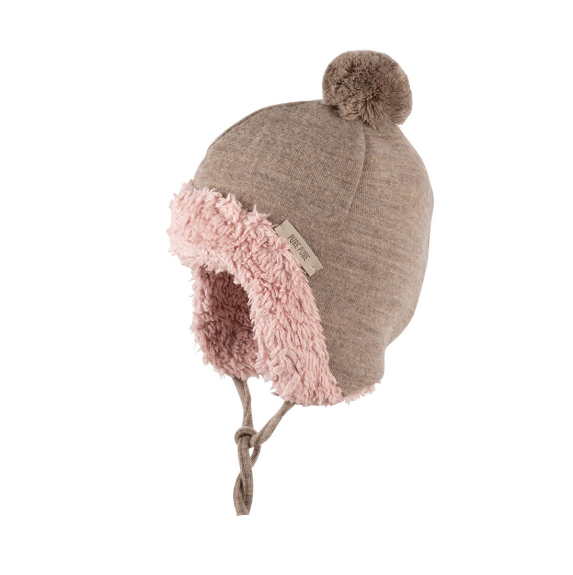 PURE PURE Baby Merinowolle Wintermütze mit Bommel in Rosé - GOTS bio zertifiziert