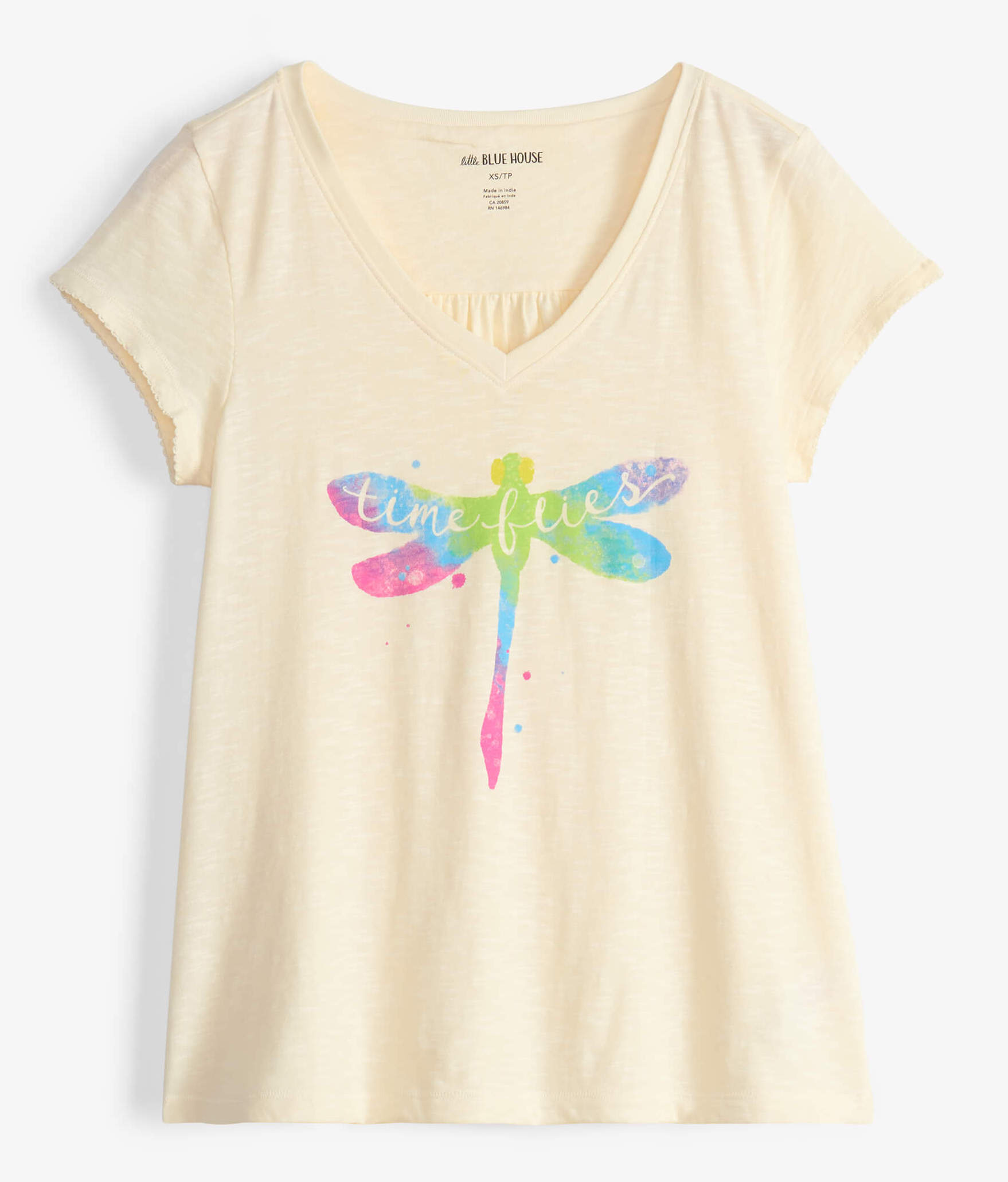 TSKDRAG006-1 Little Blue House Kurzarm Dragonfly T-Shirt mit V-Ausschnitt - Libelle