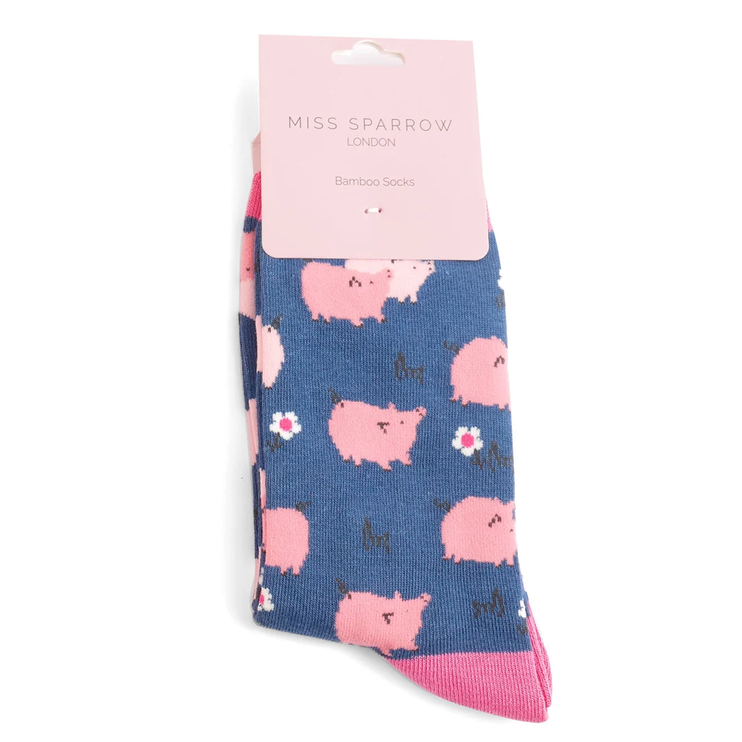 Miss Sparrow Bambus Socken in Navy & Pink - Schweine