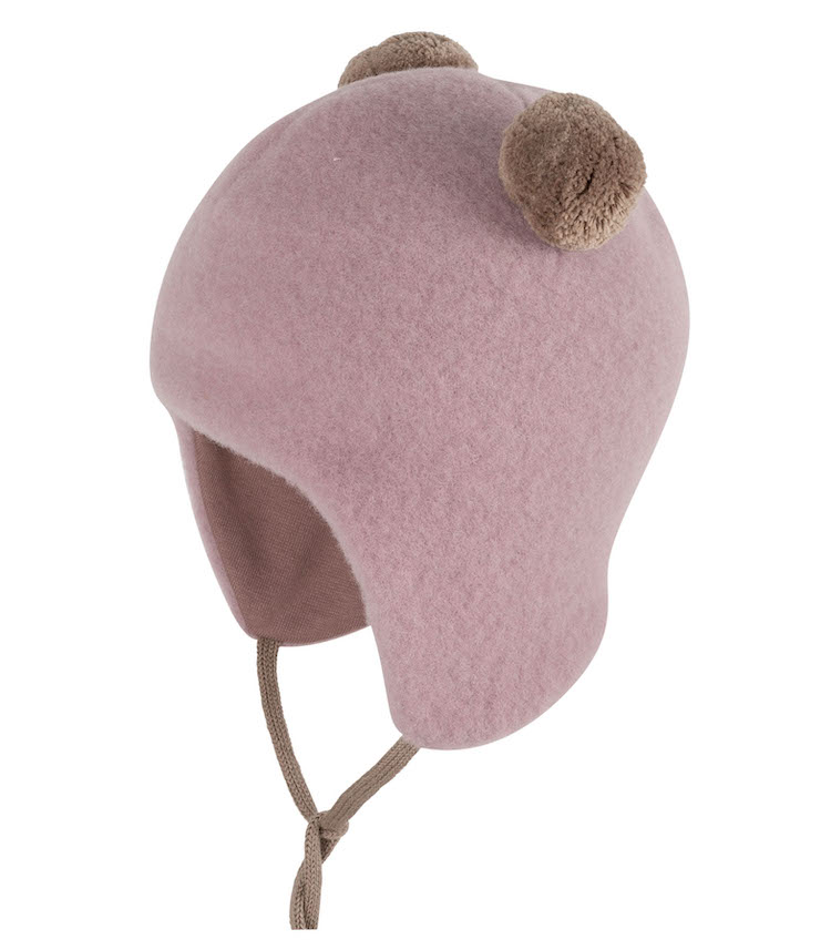 PURE PURE Baby Mütze mit 2 Bommel & Ohrenschutz - Wolle mit Baumwolle Futter - Dusty Flieder