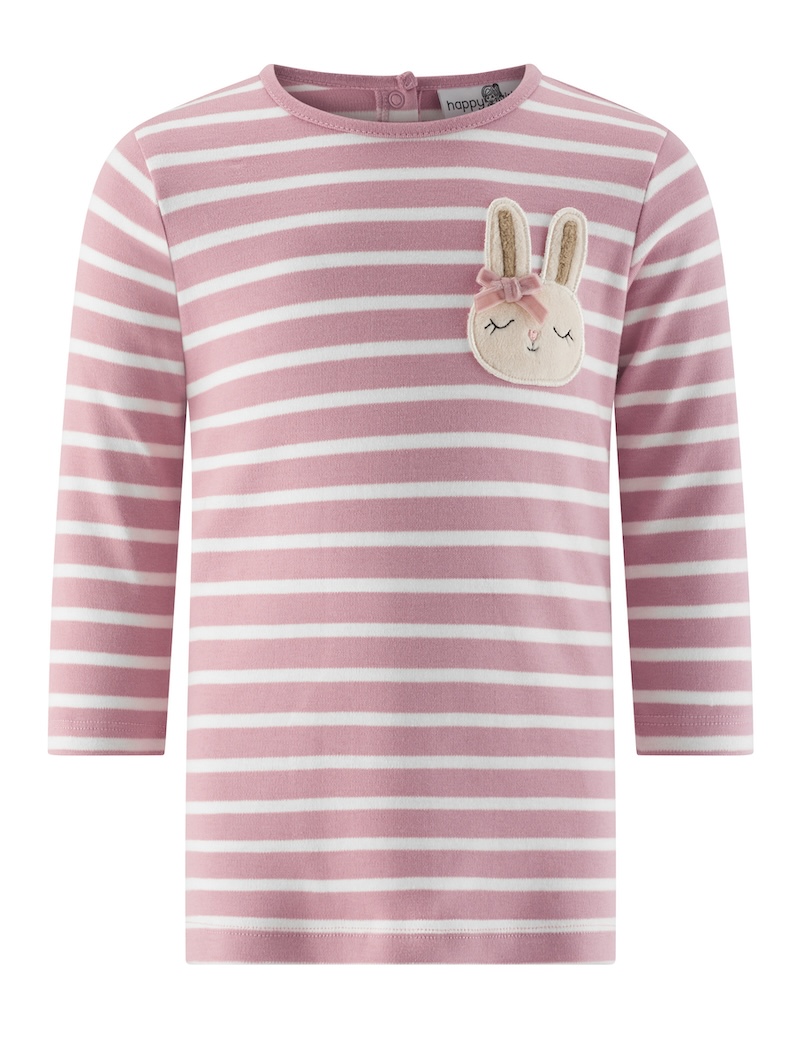 Happy Girls Langarm Kleid In Altrosa & Creme Gestreift mit Hase Applikation