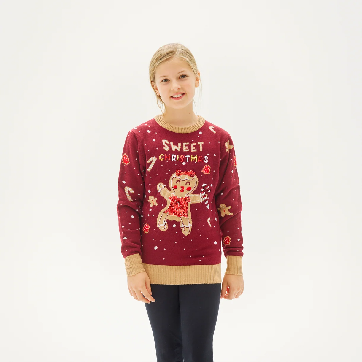 Christmas Sweaters LED Weihnachtspullover Mädchen mit leuchtender Lebkuchenfrau – Gingerbread Woman in Weinrot