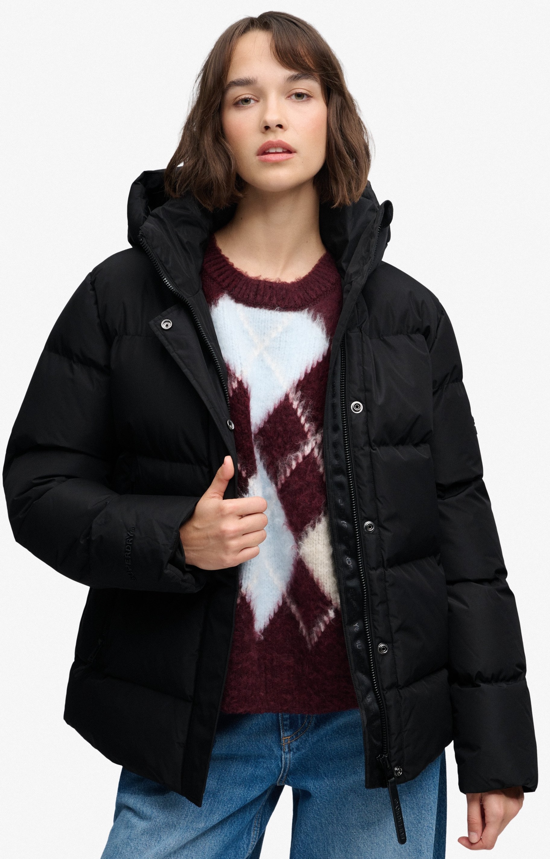 Superdry Damen Sportpufferjacke mit Kapuze in Schwarz