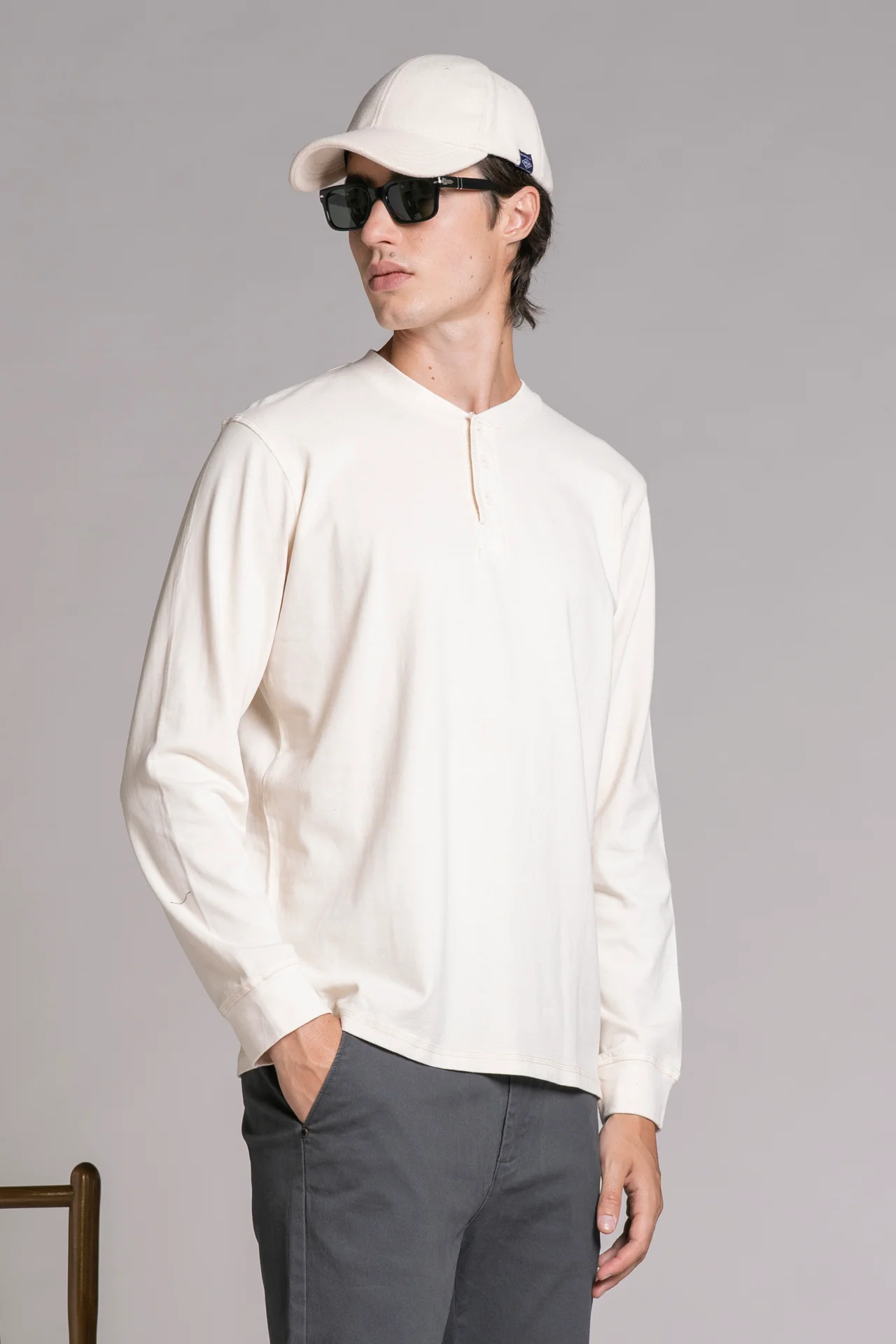 IMPURE Joshua Jersey Henley T-Shirt mit Knopfleiste in Off White Creme
