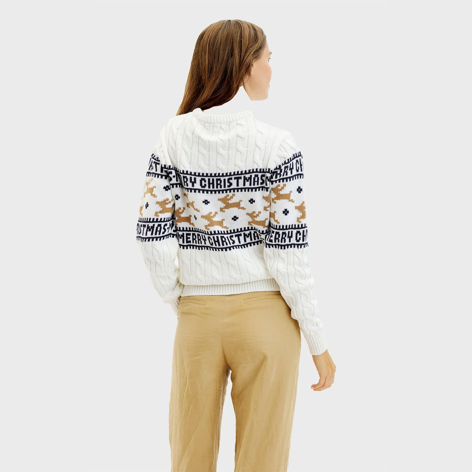 Christmas Sweater Elegant in Creme mit Zopfmuster & Rentier - Bio Baumwolle Christmas Sweater Elegant in Creme mit Zopfmuster & Rentier - Bio Baumwolle