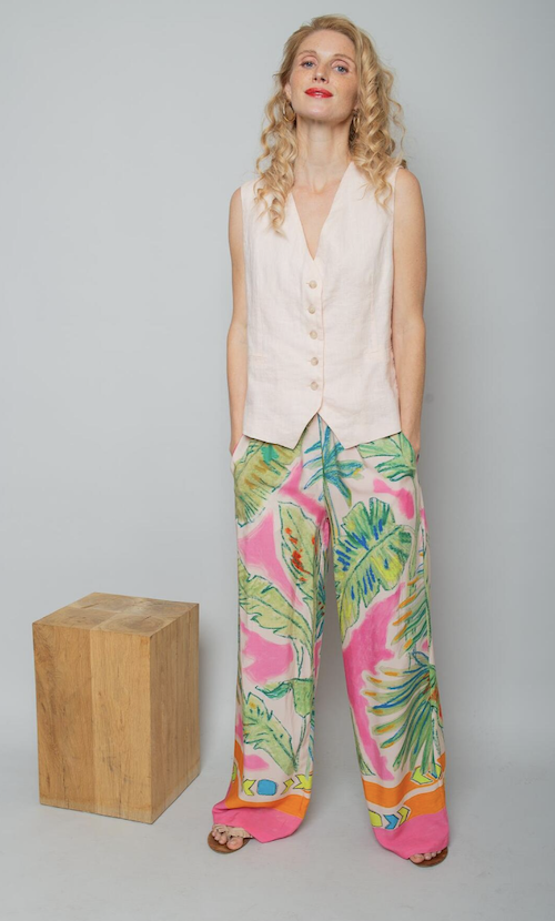 Emily van den Bergh Viskose Sommerhose Pink mit Palmen Emily van den Bergh Viskose Sommerhose Pink mit Palmen