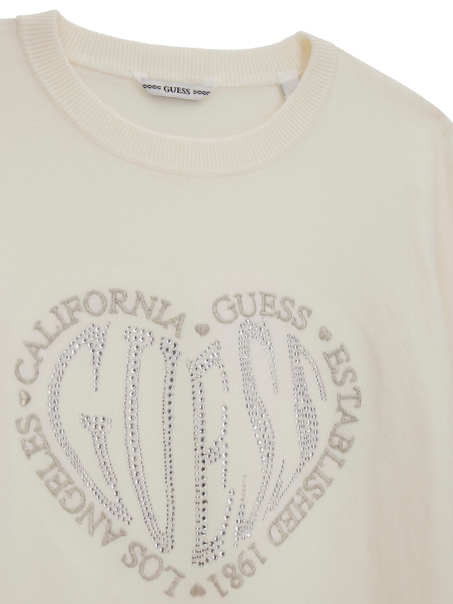 Guess Strickpulli Baumwolle Pullover in Creme Herz mit Strass - SALE Guess Strickpulli Baumwolle Pullover in Creme Herz mit Strass - SALE