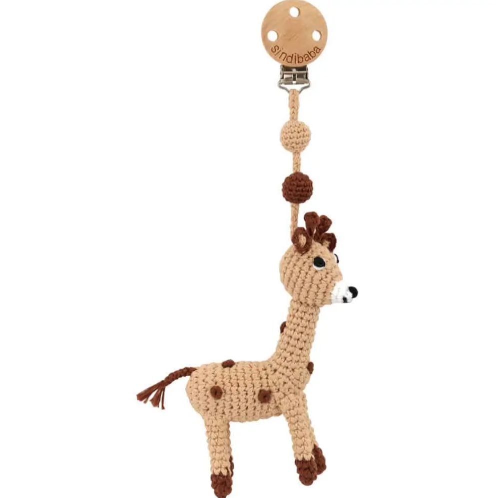 Sindibaba Kinderwagen-Clip mit Rassel Häkeltier Spotty Giraffe in braun