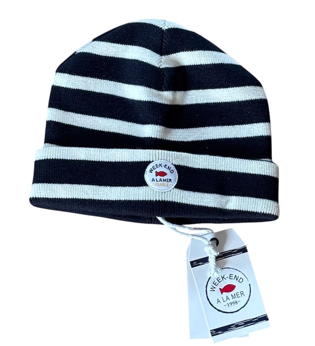 Weekend a la Mer Unisex Strick Beanie Mütze Navy Blau & Creme Gestreift Weekend a la Mer Unisex Strick Beanie Mütze Navy Blau & Creme Gestreift