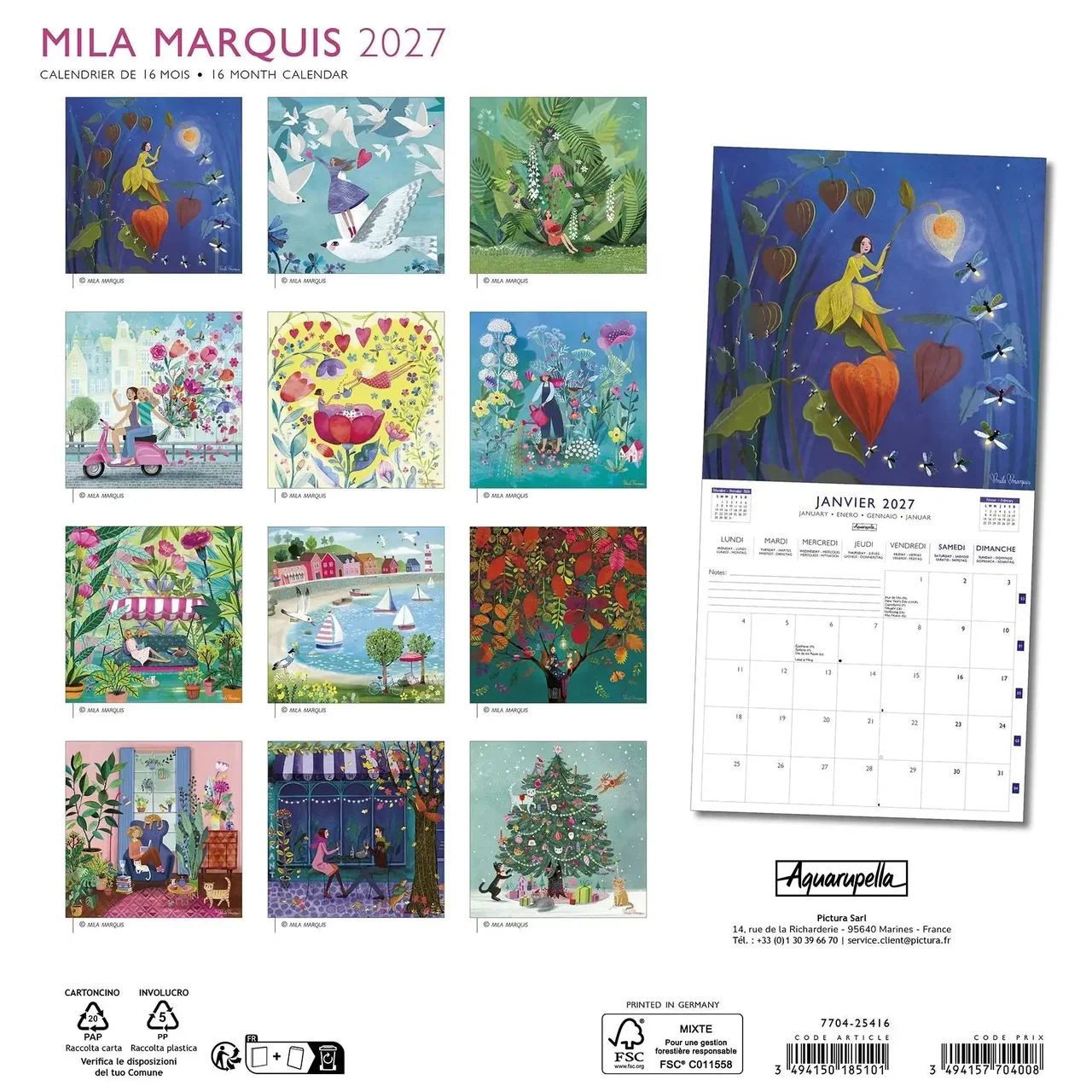 Mila Marquis Wandkalender 2027 – Bunter Kunstkalender mit fantasievollen Illustrationen, 16 Monate