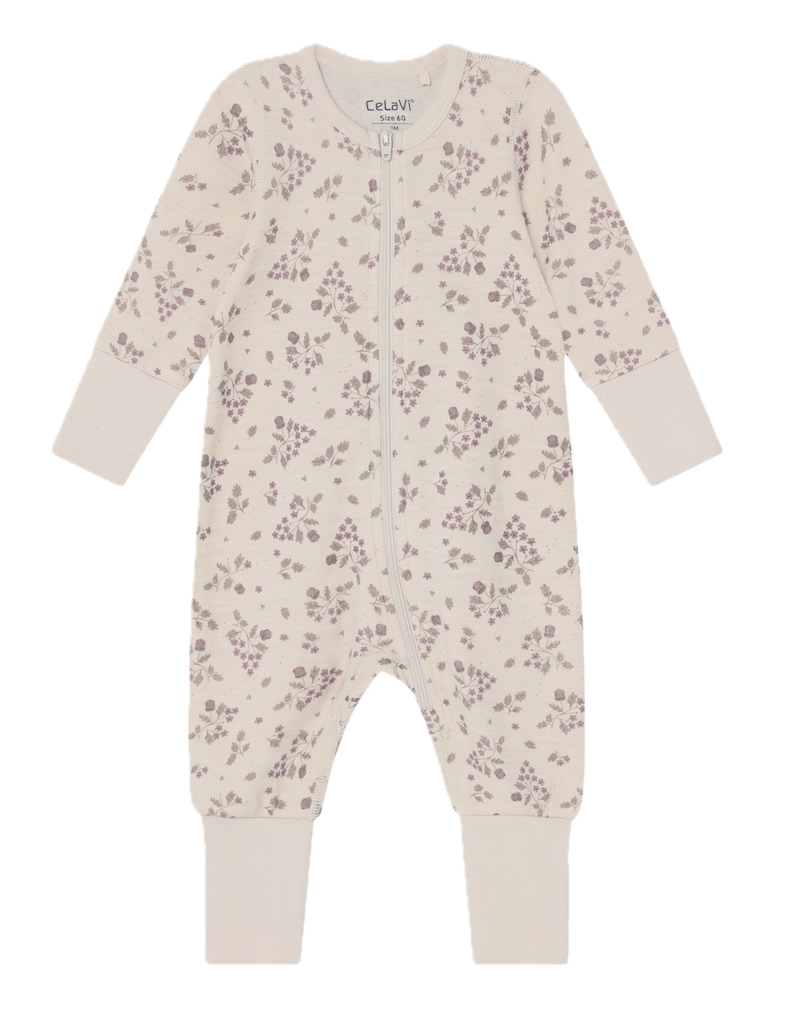 CeLaVi Strampler aus Merinowolle - Wolle Bambus Jumpsuit mit Reißverschluss - Allover Flieder Blumen