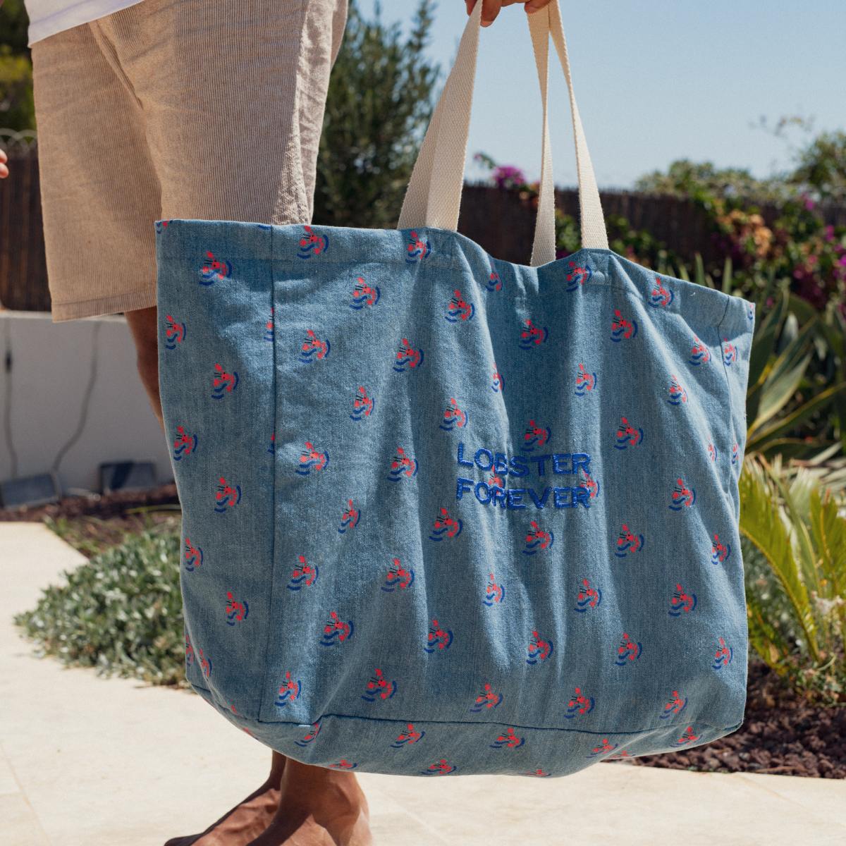 Chamaye Grand Cabas Denim Beach Bag Strandtasche in Blau - Lobster Forever