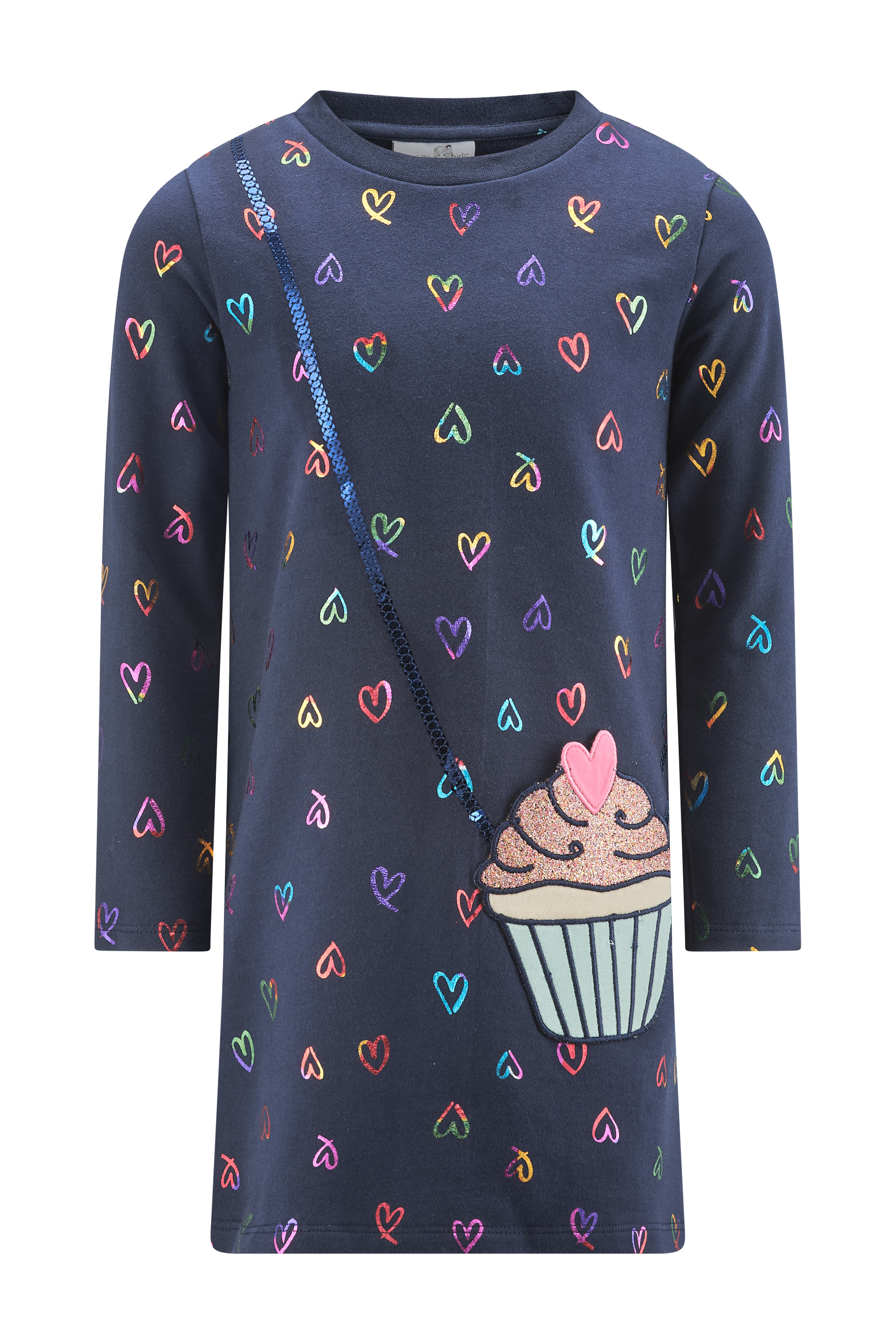 Happy Girls Sweatkleid in Marineblau mit Metallic Herzen und Glitzer Cupcake