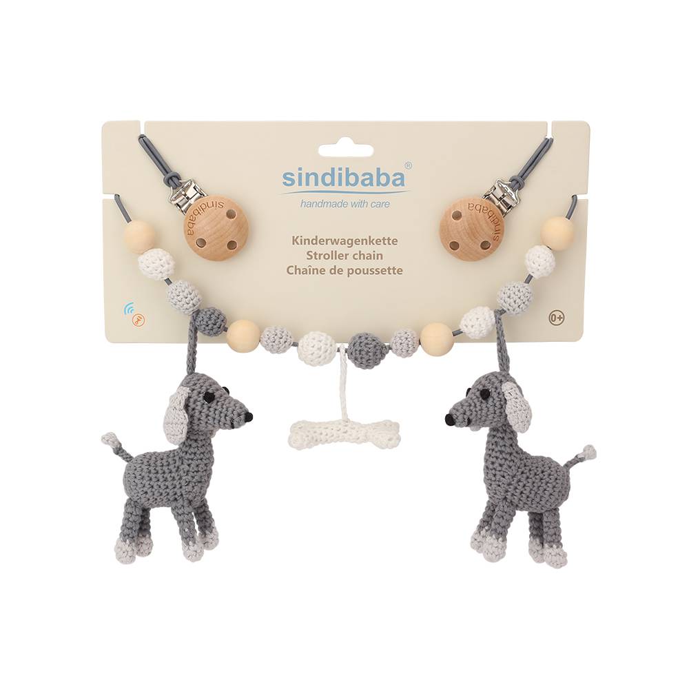 Sindibaba Kinderwagenkette Hund Lucky grau mit Rassel