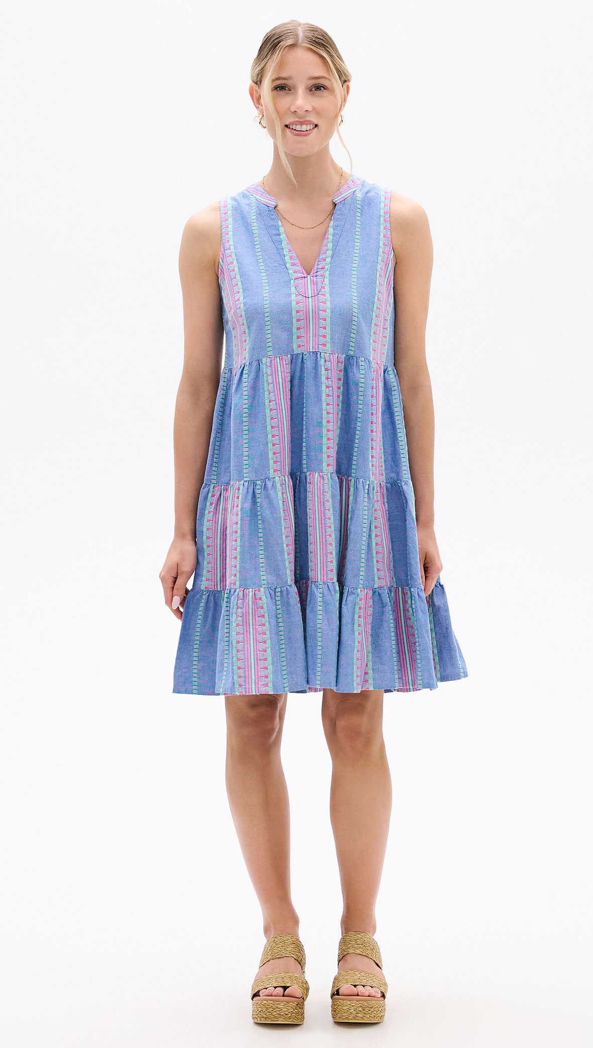 Hatley Savannah Kleid Hellblau Chambray mit Neon Streifen Gestickt