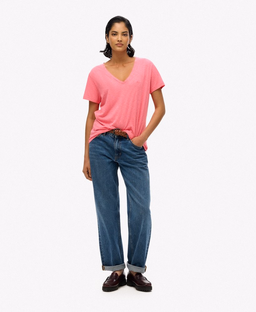 Superdry Damen T-Shirt mit V-Ausschnitt und Stickerei in Azaela Pink