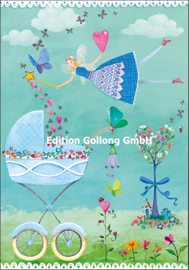 Edition Gollong Karte zur Geburt - Kinderwagen & Fee in blau