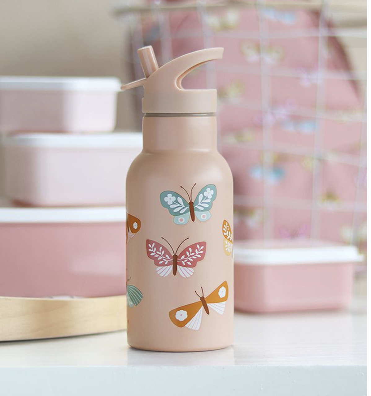 A Lovely Little Company Thermos Edelstahl Trinkflasche mit Strohhalm - Schmetterlinge