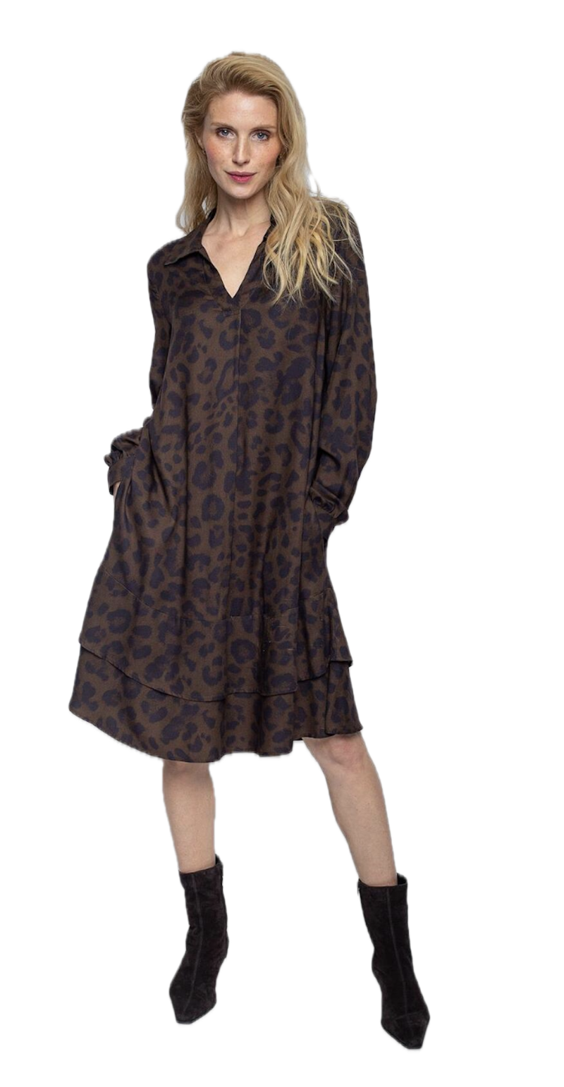 Emily van den Bergh Damen Kleid in Chocolate mit Leo-Print – Knielanges Viskosekleid