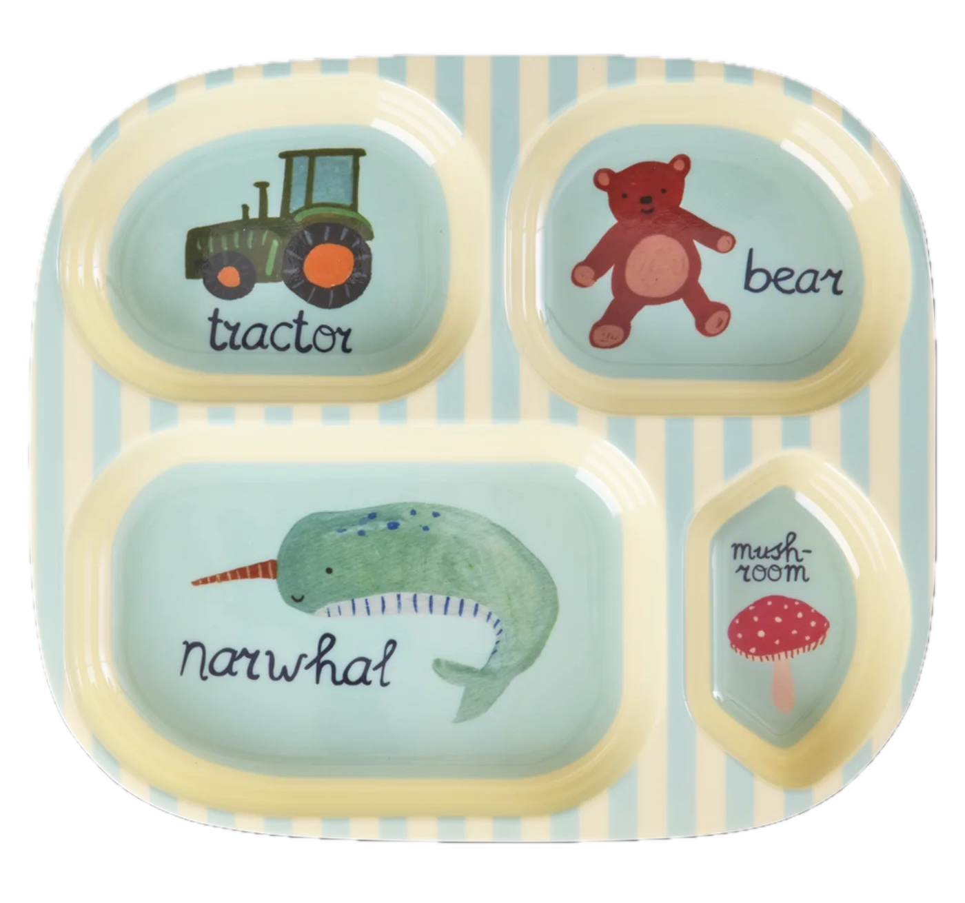 RICE Kinderteller mit 4 Fächern – Blue ABC Print aus Melamin RICE Kinderteller mit 4 Fächern – Blue ABC Print aus Melamin