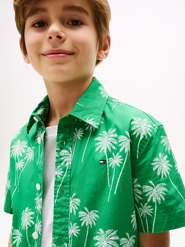 Tommy Hilfiger Kurzarm-Hemd aus Popeline in Radiant Grün mit Palmen Print - SALE Tommy Hilfiger Kurzarm-Hemd aus Popeline in Radiant Grün mit Palmen Print - SALE