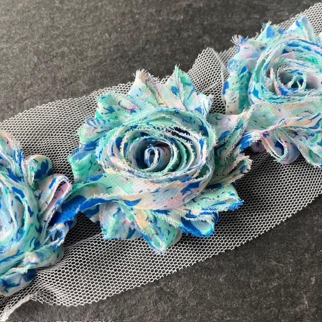 Wowzers Shabby Chic Stoffblumen Blüten am Band - Spring Blumen Blau Mint - 3 Blumen 