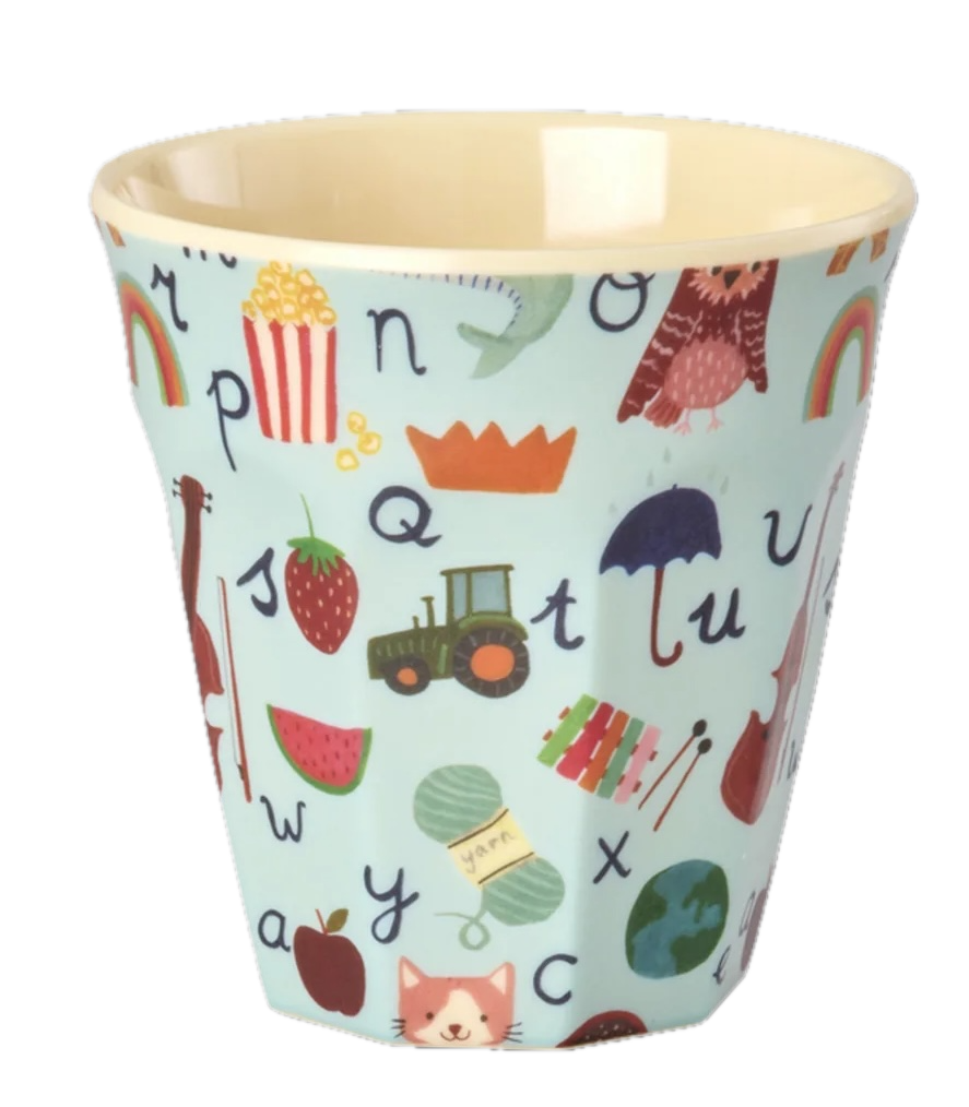 RICE Melaminbecher Blue ABC Print in Blau – 250 ml 