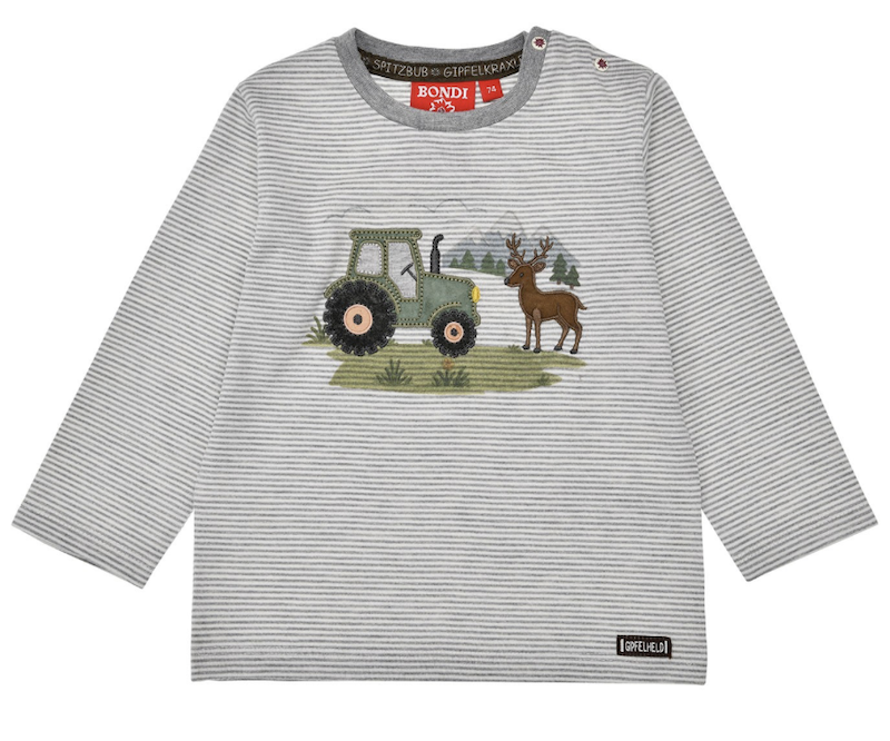 Bondi Baby Langarm T-Shirt Grau Gestreift - Traktor & HIrsch Applikation