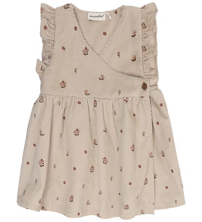 Minymo Cord Kleid in Federgrau mit Blumen 